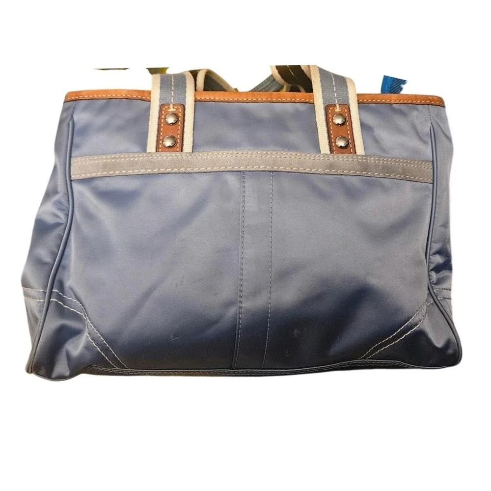 Coach Blue Nylon Leather Trimmed Satchel Handbag Designer Purse